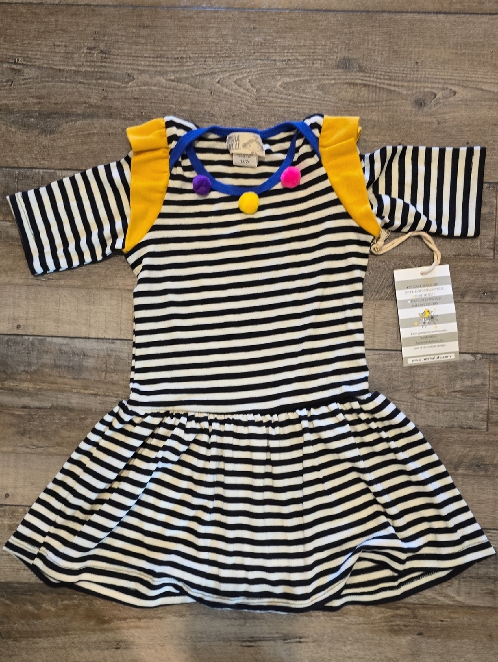 Striped Black & White Casual Girls Dress with Yellow Accents
